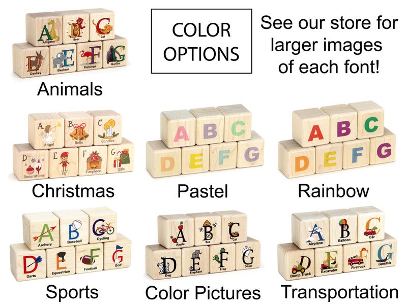 May include: A collection of light-colored wooden blocks arranged in groups, each featuring letters A through G. The sets display various themes including animals, Christmas, pastel colors, rainbow letters, sports, color pictures, and transportation.
