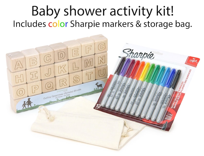 Solid Maple ABC Blocks - Baby Shower Decoration Activity Kit | Personalized Wooden Alphabet Gift Set image 1
