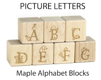 28 pc Picture Letter Maple Alphabet Blocks | Engraved Wood ABC Blocks Wooden Alphabet Blocks Letter Blocks Wood Baby Shower Teacher Gift