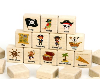 Pirate Adventure Game 24 Blocks | Wood Memory Game for Kids Matching Game Pirate Boy Girl Sailing Ship Treasure Parrot Monkey Skeleton Game