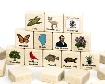 Illinois Memory Game 24 Blocks | Wood Memory Game for Kids Memory Matching American State Symbols of Illinois Gift Toy Game for Kids