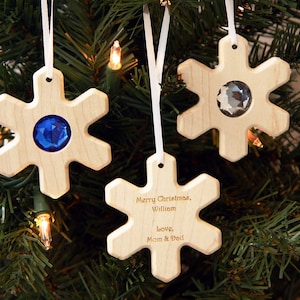 Snowflake Gem Solid Maple Christmas Ornament | Personalized Wooden Ornament Custom Christmas Gift Gemstone Birthstone Ornament Wood