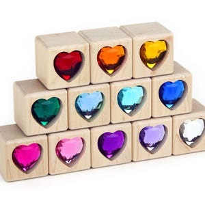 12 piece Rainbow Heart Gem Cube Unit Blocks | Solid Hard Maple Wooden Building Toy Construction Set for Kids & Valentine's Day Decor