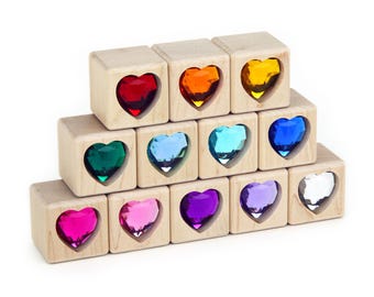 12 piece Rainbow Heart Gem Cube Unit Blocks | Solid Hard Maple Wooden Building Toy Construction Set for Kids & Valentine's Day Decor