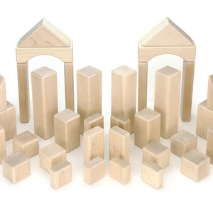 34 piece Junior Builder Block Set | Solid Hard Maple Wooden Unit Blocks Building Toy for Toddlers and Personalized Baby Shower Gift