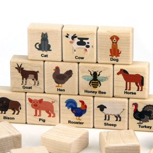 May include: A set of wooden blocks with different animal illustrations and names. The blocks are arranged in a pyramid shape, with the top block showing a cat, and the bottom row showing a bison, pig, rooster, sheep, and turkey.