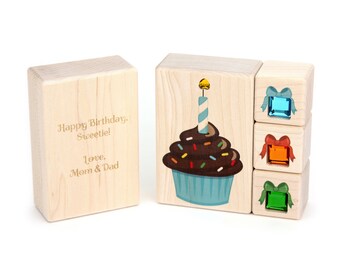 4 pc Blue Cupcake Message Blocks | Personalized Kids Gift - Solid Maple Unit Gem Set Happy Birthday Card for Boys and Girls