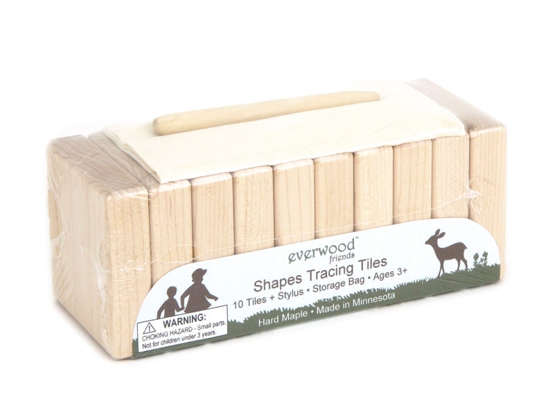 May include: A set of 10 wooden shape tracing tiles in a clear plastic bag with a wooden stylus. The packaging includes the text "everwood friends Shapes Tracing Tiles 10 Tiles + Stylus Storage Bag Ages 3+ Hard Maple Made in Minnesota".