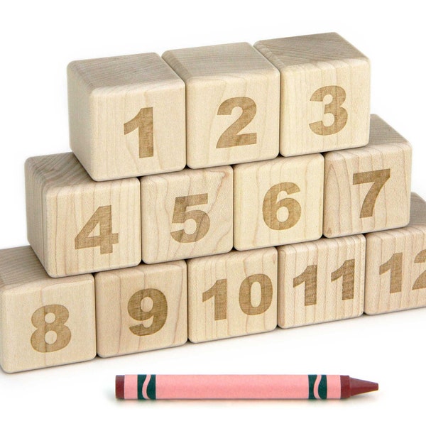 12 pc Maple Number Blocks | 1-12 Engraved Wood Blocks Wooden Counting Blocks ABC Blocks Baby Wood Baby Shower Activity Gift for Teacher