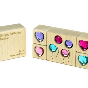 5 pc Balloons & Hearts Personalized Gem Message Blocks | Custom Maple Gift for Kids Birthday Greeting and Get Well Card, Made in Minnesota