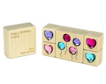 5 pc Balloons & Hearts Personalized Gem Message Blocks | Custom Maple Gift for Kids Birthday Greeting and Get Well Card, Made in Minnesota