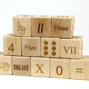 12 pc Number Blocks in 6 Number Styles | Solid Maple Unit Building Set Educational Math Toy for Kids, Teacher Gift, Counting & Learning