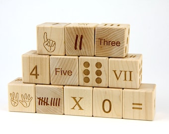 12 pc Number Blocks in 6 Number Styles | Solid Maple Unit Building Set Educational Math Toy for Kids, Teacher Gift, Counting & Learning
