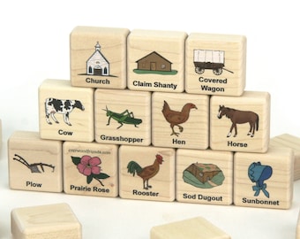 Life on the Prairie Memory Game: 24 Solid Maple Blocks for Kids, American Frontier Matching Toy, Oregon Trail Adventure - Made in USA