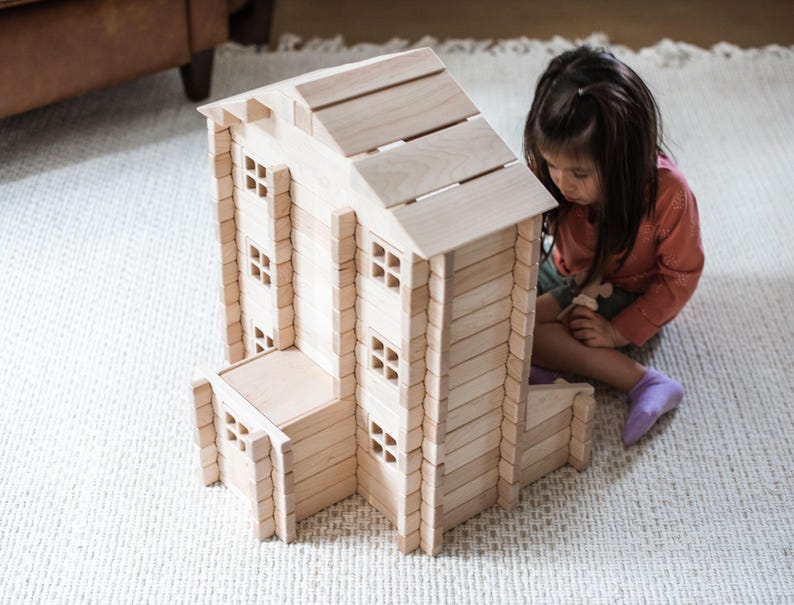 Buildable Dollhouse Interlocking Notch Blocks | Solid Hard Maple 1:12 Scale Premium Natural Play Set by Everwood Friends made in Minnesota bild 14