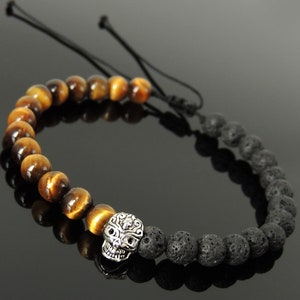 Handmade Braided Skull Bracelet Lava Rock Brown Tiger Eye 6mm Stones Day of the Dead Celebration Mens Womens S925 Sterling Silver Bead 1558 image 1