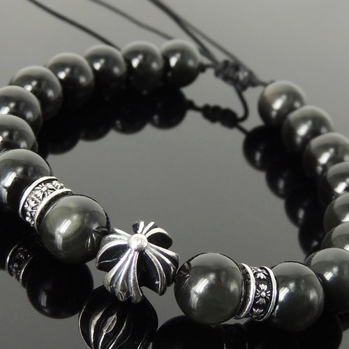 Handmade Cross Pattern Design Braided Bracelet Healing Rainbow Black Obsidian 10mm Stone Conscious Meditation Sterling Silver Beads BR1511 main image 3