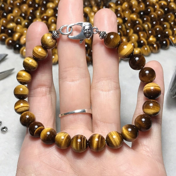 Goth Punk Skull Bracelet Healing Gemstone High Grade AAA Brown Tiger's Eye Beads Powerful Solar Plexus Activation Manipura 3rd Navel Chakra