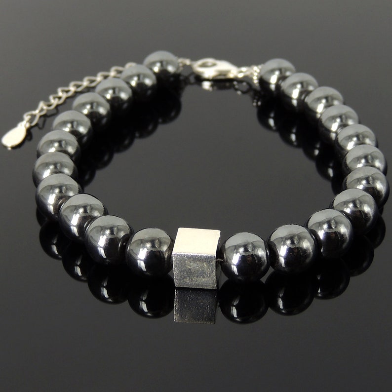 Minimal Cube Clasp Bracelet Protection Gemstones 8mm Hematite Stability Healing Mirror S925 Sterling Silver Spacers Chain DiyNotion BR1433