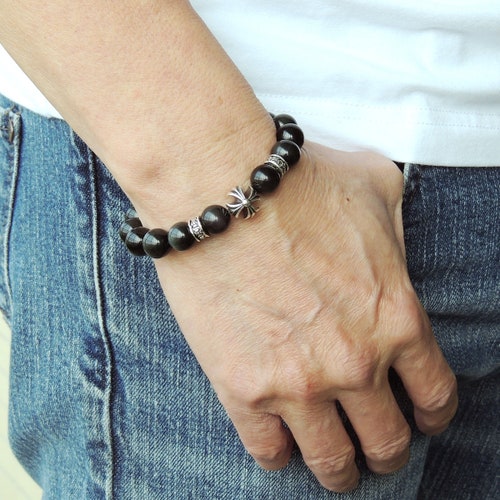 Handmade Cross Pattern Design Braided Bracelet Healing Rainbow Black Obsidian 10mm Stone Conscious Meditation Sterling Silver Beads BR1511 main image 1