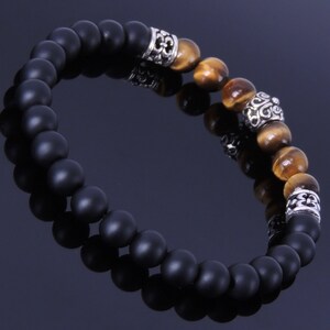 Men's Women Matte Black Onyx Tiger Eye Sterling Silver Skull Bracelet 925 Fleur de Lis Spacer DiyNotion Handmade BR253 image 3