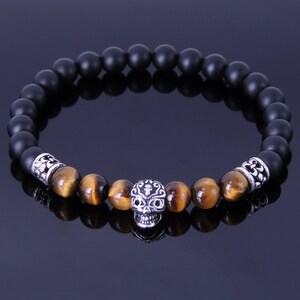 Men's Women Matte Black Onyx Tiger Eye Sterling Silver Skull Bracelet 925 Fleur de Lis Spacer DiyNotion Handmade BR253 image 2