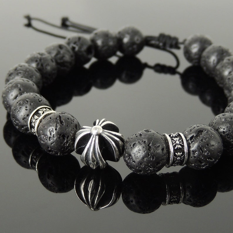 Handmade Cross Pattern Design Braided Bracelet Healing Basalt Lava Rock 10mm Volcanic Stone Conscious Meditation Sterling Silver Bead BR1513