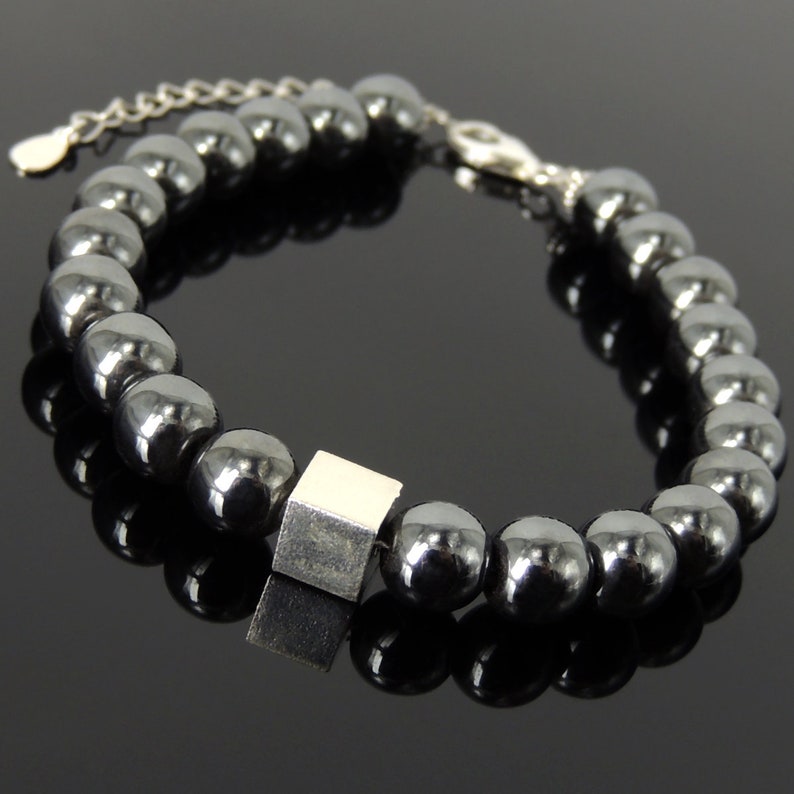 Minimal Cube Clasp Bracelet Protection Gemstones 8mm Hematite Stability Healing Mirror S925 Sterling Silver Spacers Chain DiyNotion BR1433