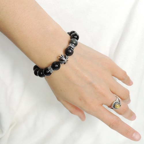 Handmade Cross Pattern Design Braided Bracelet Healing Rainbow Black Obsidian 10mm Stone Conscious Meditation Sterling Silver Beads BR1511 main image 2