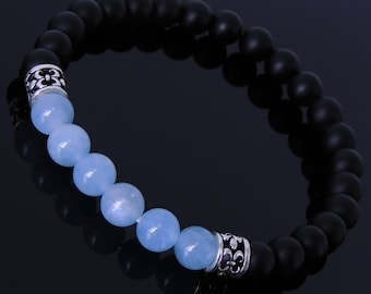 Handmade Men Women Gemstone Bracelet Matte Black Onyx Aquamarine 925 Sterling Silver Spacer DiyNotion BR265