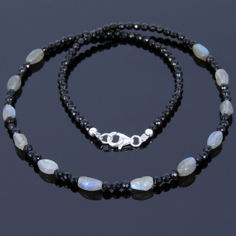 Men/'s Women Bright Black Onyx Labradorite Sterling Silver Necklace Gemstone Beads Clasp DiyNoion Handmade NK118