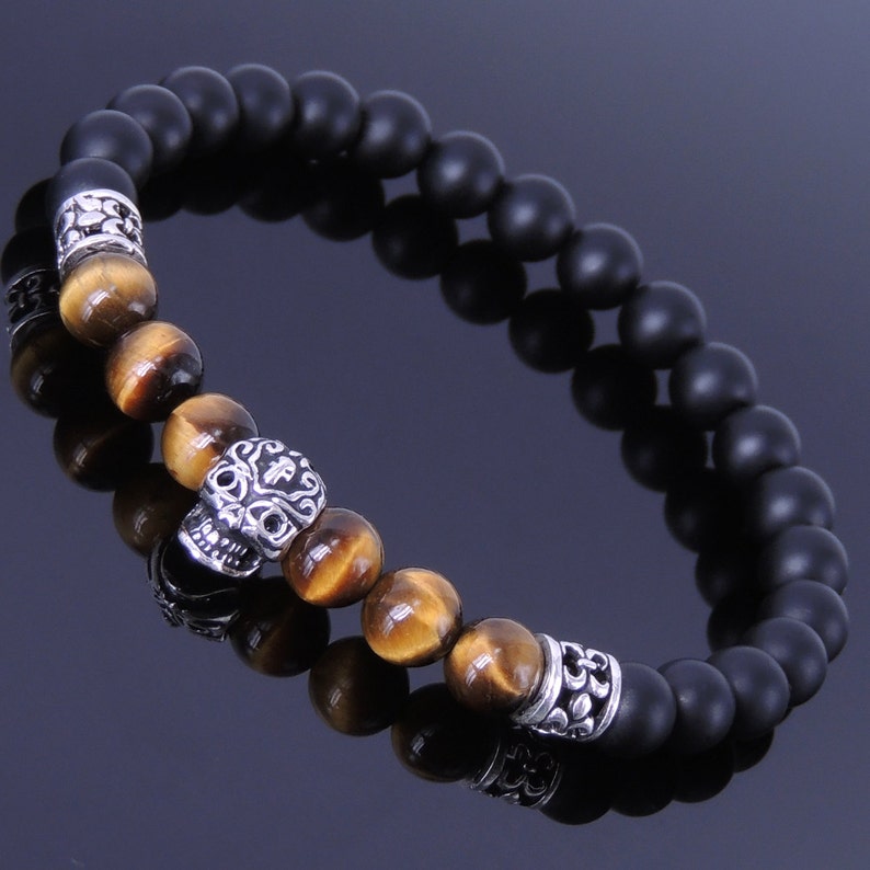 Men's Women Matte Black Onyx Tiger Eye Sterling Silver Skull Bracelet 925 Fleur de Lis Spacer DiyNotion Handmade BR253 image 1