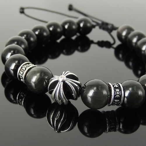 Handmade Cross Pattern Design Braided Bracelet Healing Rainbow Black Obsidian 10mm Stone Conscious Meditation Sterling Silver Beads BR1511 main image 6