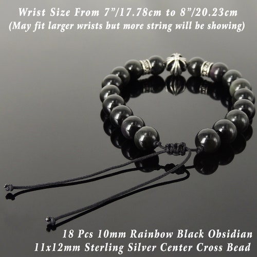 Handmade Cross Pattern Design Braided Bracelet Healing Rainbow Black Obsidian 10mm Stone Conscious Meditation Sterling Silver Beads BR1511 main image 4
