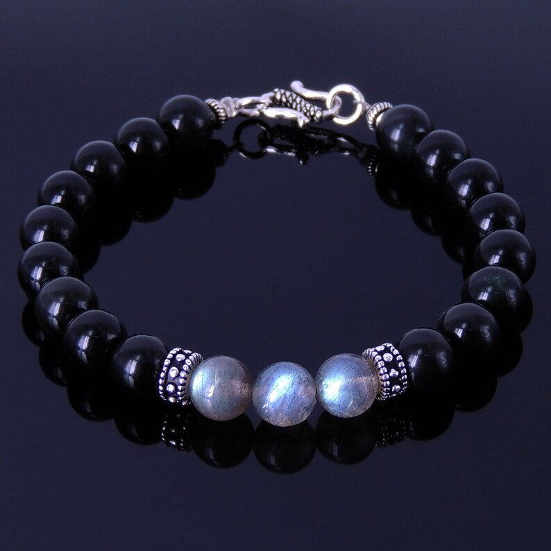 Black Obsidian Labradorite Sterling Silver Bracelet Gemstone Etsy