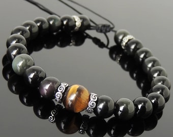 Mannen vrouwen verstelbare gevlochten armband zwart obsidiaan bruin tijgeroog 925 sterling zilveren spacers diynotion BR1171