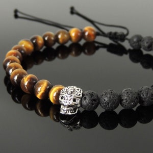 Handmade Braided Skull Bracelet Lava Rock Brown Tiger Eye 6mm Stones Day of the Dead Celebration Mens Womens S925 Sterling Silver Bead 1558 image 5