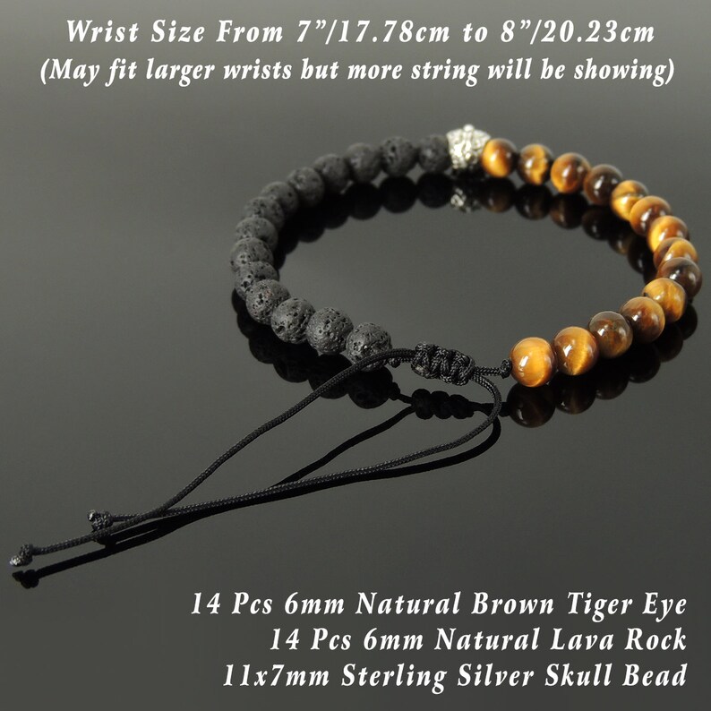 Handmade Braided Skull Bracelet Lava Rock Brown Tiger Eye 6mm Stones Day of the Dead Celebration Mens Womens S925 Sterling Silver Bead 1558 image 4