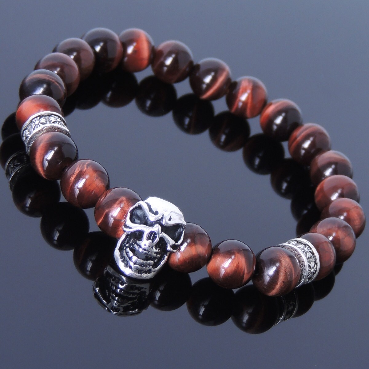 Skull Bracelets for Men Red Tiger's Eye Solar Charged Chakra Stones Silver Clasp Skull Bracelets for Men Red Tiger's Eye Solar Charged Chakra Stones Silver Clasp
