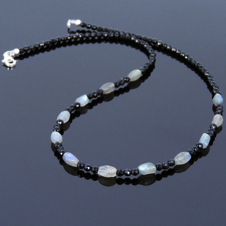 Men/'s Women Bright Black Onyx Labradorite Sterling Silver Necklace Gemstone Beads Clasp DiyNoion Handmade NK118
