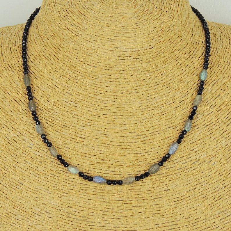 Men/'s Women Bright Black Onyx Labradorite Sterling Silver Necklace Gemstone Beads Clasp DiyNoion Handmade NK118