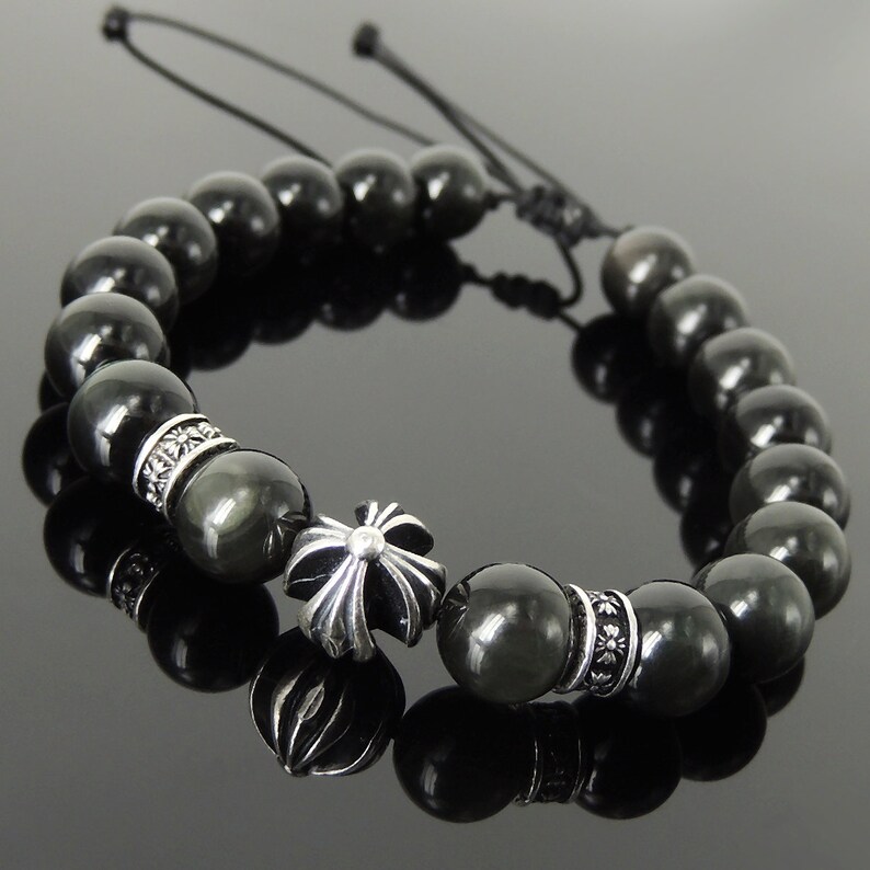 Handmade Cross Pattern Design Braided Bracelet Healing Rainbow Black Obsidian 10mm Stone Conscious Meditation Sterling Silver Beads BR1511