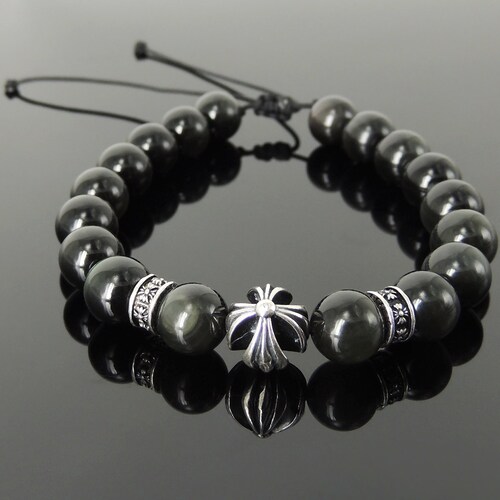 Handmade Cross Pattern Design Braided Bracelet Healing Rainbow Black Obsidian 10mm Stone Conscious Meditation Sterling Silver Beads BR1511 main image 0