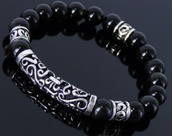 Handmade Men Women Gemstone Bracelet Black Obsidian 925 Sterling Silver Lucky Charm DiyNotion BR021