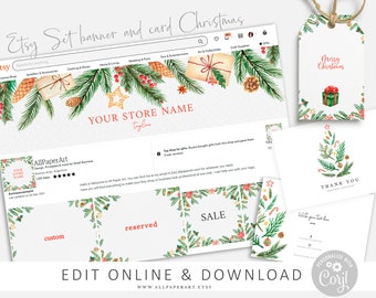 Etsy banner template for Christmas transparent. Banner for etsy watercolor and Thank  you card. Etsy Shop Kit