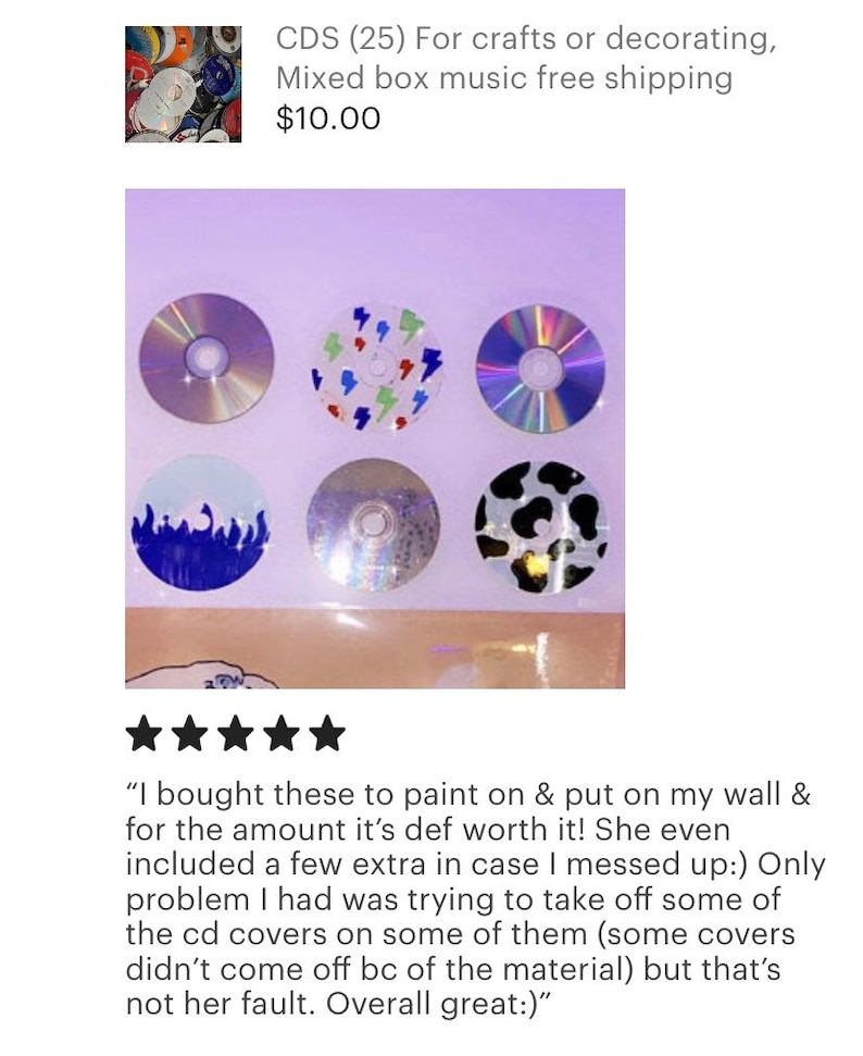 May include: A set of 6 blank CDs with different designs, including lightning bolts, flames, and cow print. The CDs are arranged in a grid on a purple background. CDS (25) For crafts or decorating, Mixed box music free shipping $10.00