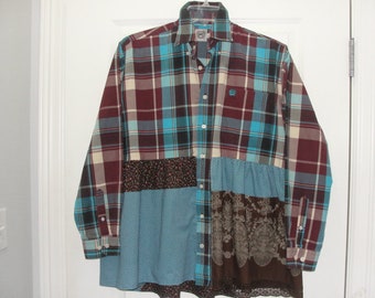 Boho clothing,boho smock,shabby chic tunic,bohemian tunic/smock,upcycled tunic,boho gypsy,boho tunic,Size L-XL.western boho,western shirt