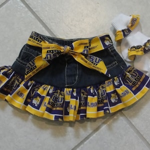 LSU baby,LSU skirt.LSU girl,Lsu jean skirt,Lsu baby outfit,Lsu girl outfit,Lsu tutu,Lsu baby tutu,lsu clothing,lsu infant,socks not included