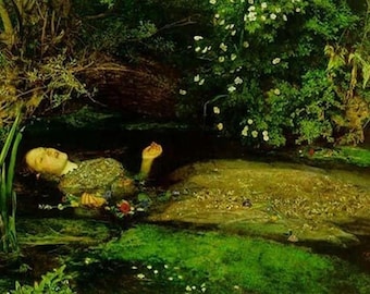 May include: A painting depicting a woman floating in a stream, surrounded by lush greenery and white flowers. The woman wears a green and gold garment and holds a flower. The scene is set in a natural, outdoor environment.