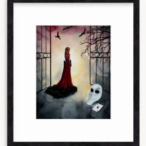 May include: A watercolor painting of a woman in a red dress with a black feathered trim, standing in front of a gate. The woman is facing away from the viewer. A white mask and a playing card are on the ground in front of her.